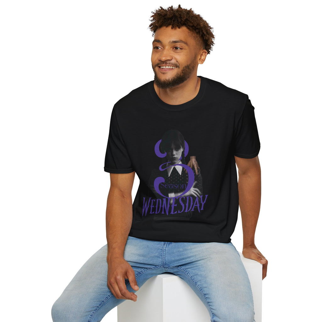 Wednesday Season 3 Graphic Tee — "WEDNESDAY" Purple Gothic Print
