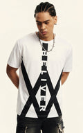 BELIEVER Oversized Tee — Bold Vertical Typography with Diagonal X Graphic