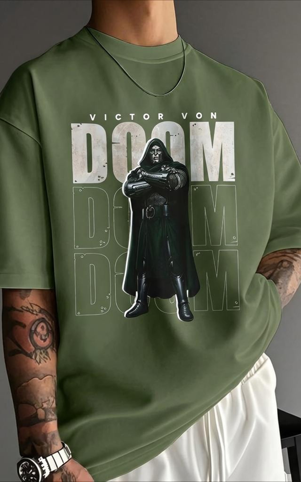 DOOM Victor Von Doom Graphic T-Shirt — Olive Armored Villain Comic Tee