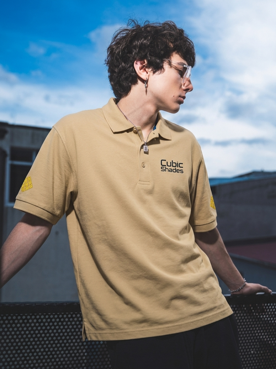 Cubic Shades Embroidered Polo — Sand Khaki Oversized Streetwear