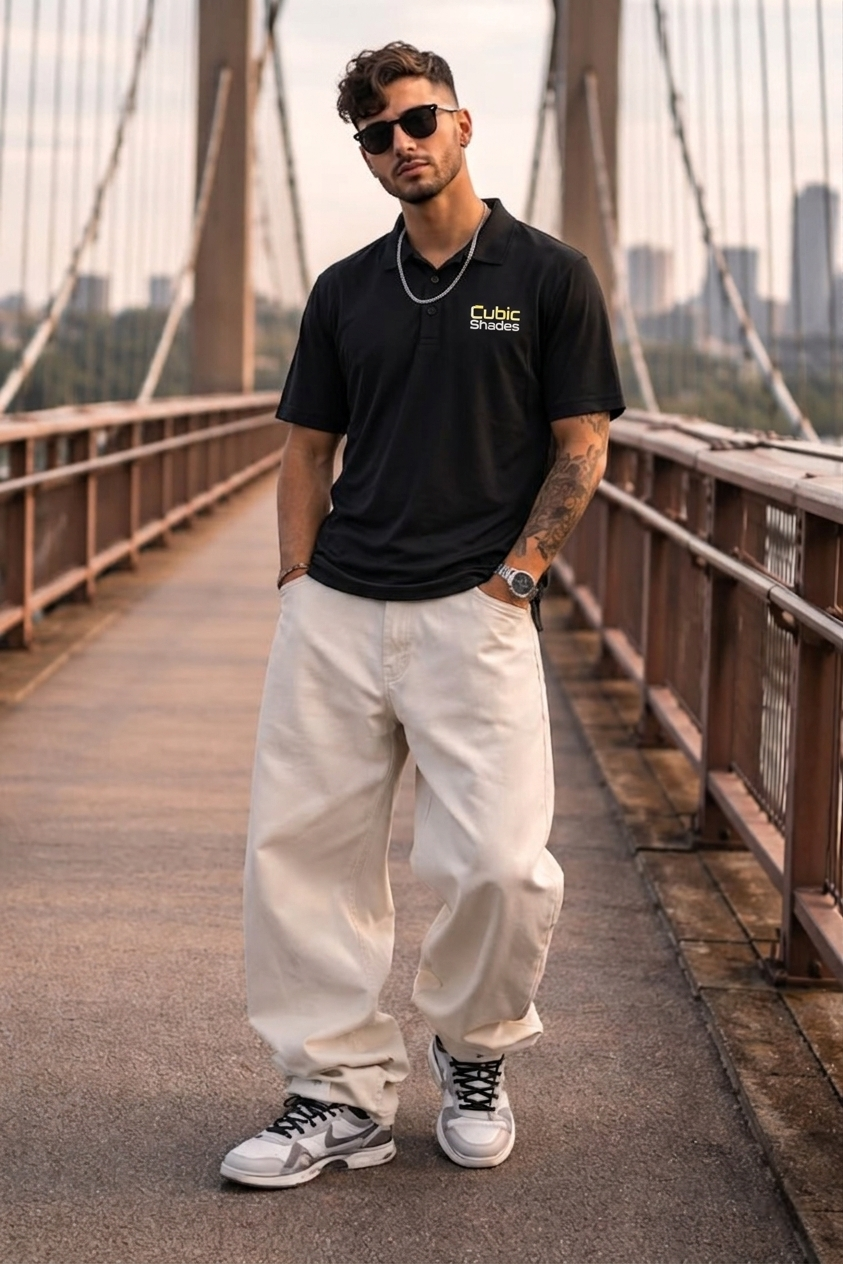 Cubic Shades Yellow Wordmark Polo — Men's Black Sport Polo