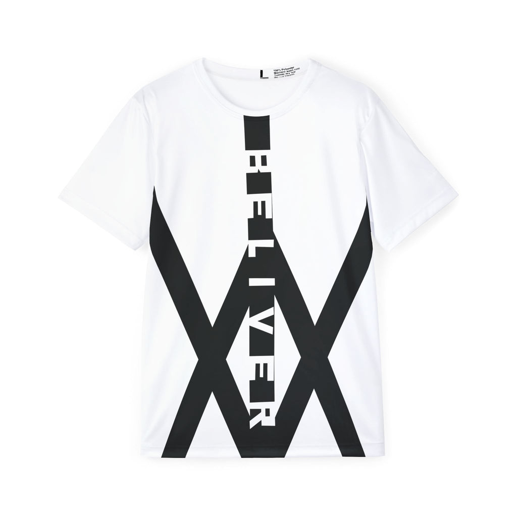 BELIEVER Oversized Tee — Bold Vertical Typography with Diagonal X Graphic